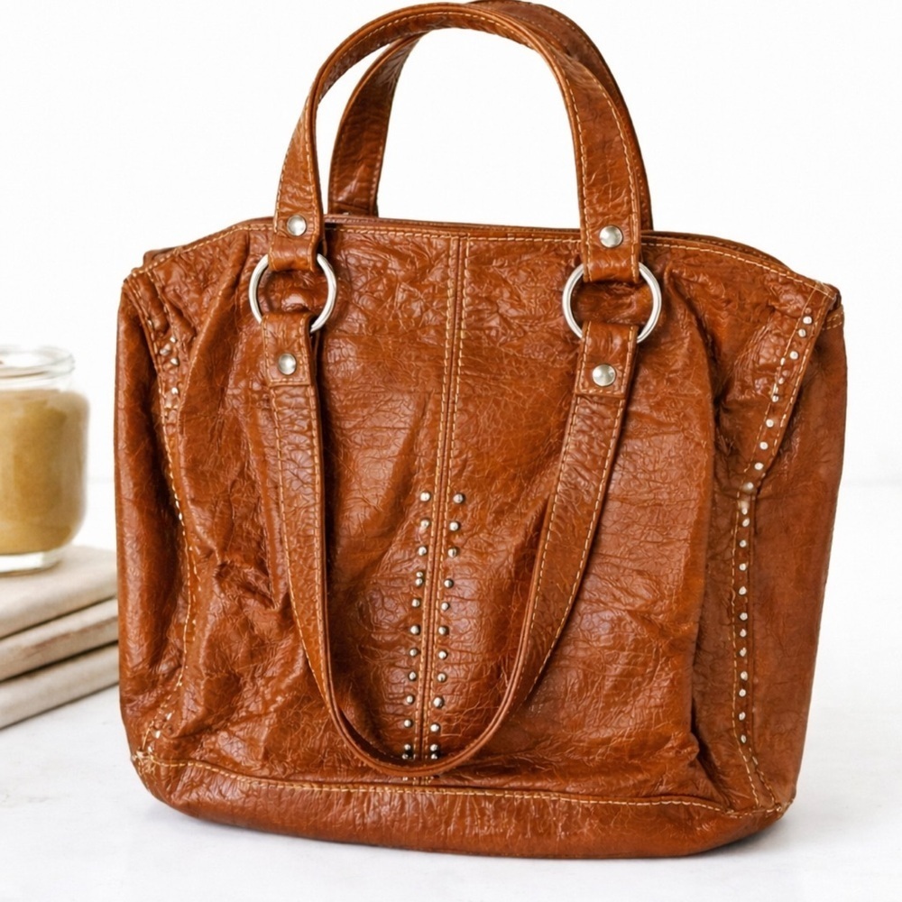 Cognac Brown/Distressed Satchel | Studded Detail | Top Handle Handbag